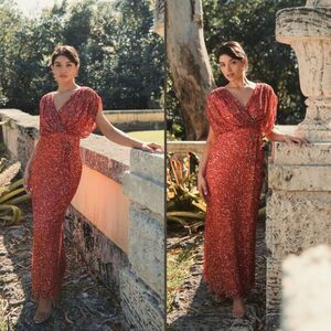 Mac Duggal 5640 Size 18 Coral Orange Sequin Draped Sleeve V-Neck Gown Maxi Dress